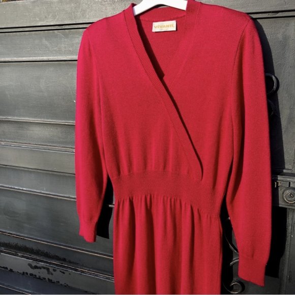 Vintage 80s 90s Maxi Sweater Wrap Dress Shoulder Pads Cranberry Red Sz S/ M - Picture 5 of 8